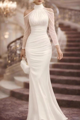 Abito maxi da gala halter con maniche trasparenti