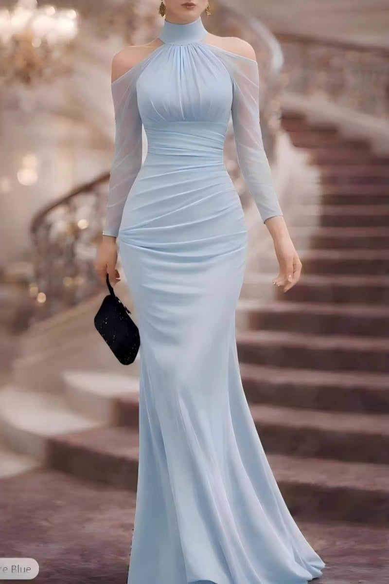Abito maxi da gala halter con maniche trasparenti