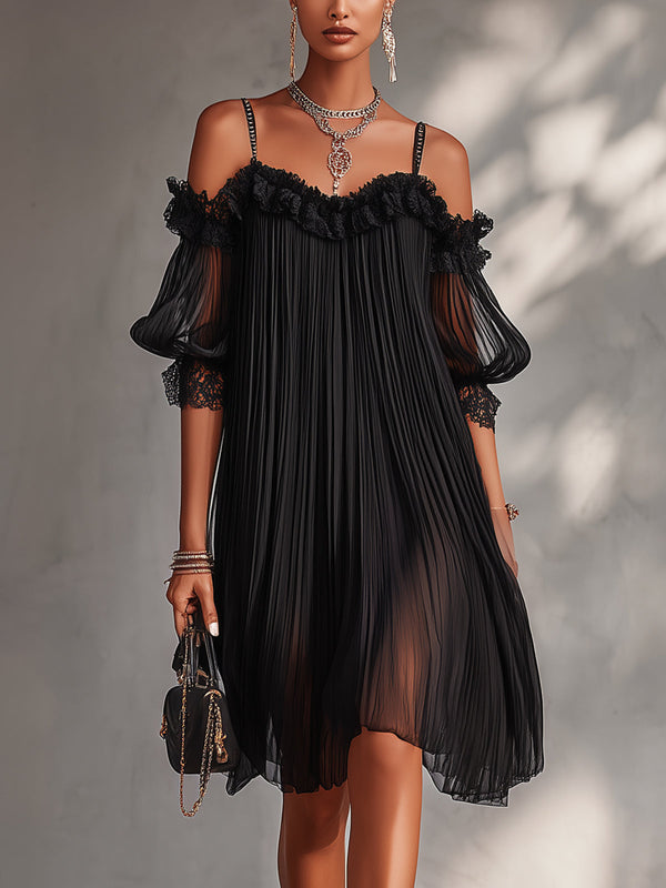 Maison Lalla | Vestido Midi de Gasa Negro con Hombros al Aire