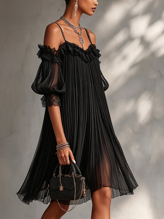 Maison Lalla | Vestido Midi de Gasa Negro con Hombros al Aire