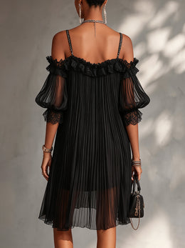 Maison Lalla | Vestido Midi de Gasa Negro con Hombros al Aire