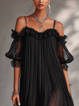 Maison Lalla | Vestido Midi de Gasa Negro con Hombros al Aire