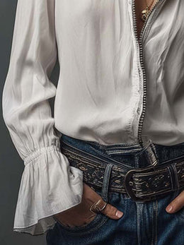 Maison Lalla | Blusa Blanca Cremallera Puños Volante