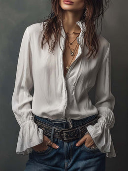 Maison Lalla | Blusa Blanca Cremallera Puños Volante