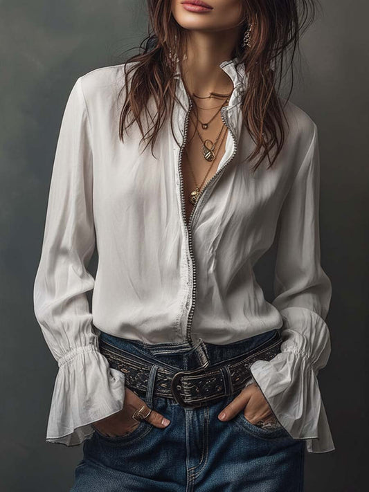 Maison Lalla | Blusa Blanca Cremallera Puños Volante