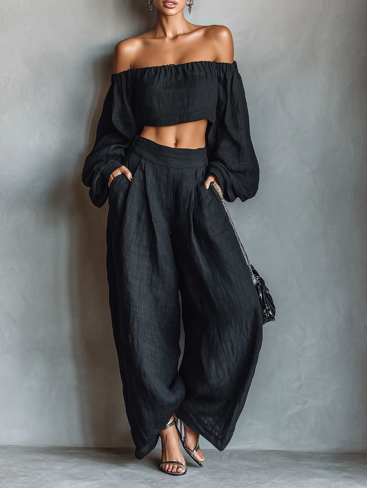 Maison Lalla | Conjunto Blusa Palabra de Honor y Pantalón Ancho