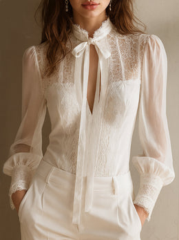 Maison Lalla | Blusa Chiffon Encaje Cuello Lazada