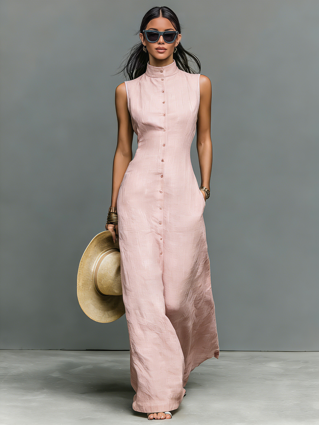 Abito maxi in lino con collo alla coreana