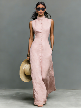 Abito maxi in lino con collo alla coreana