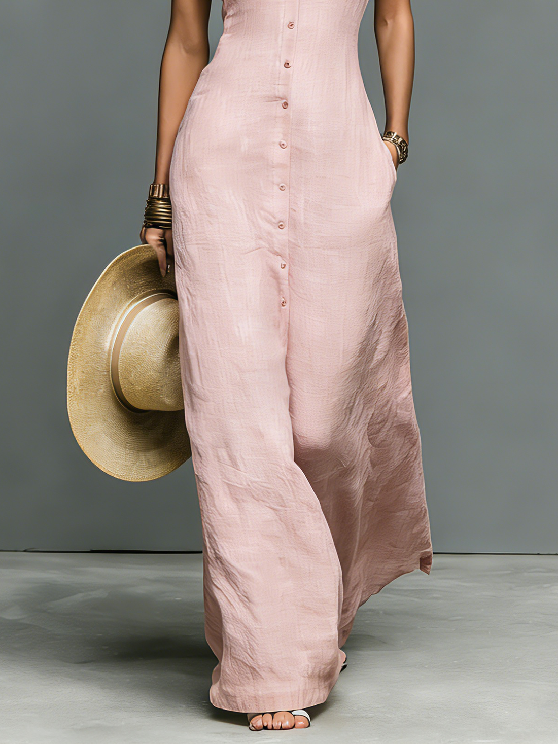 Abito maxi in lino con collo alla coreana