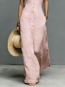 Abito maxi in lino con collo alla coreana