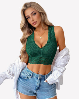 Maison Lalla | Top Corto de Tirantes Racerback, Escote en V, Floral, sin Relleno