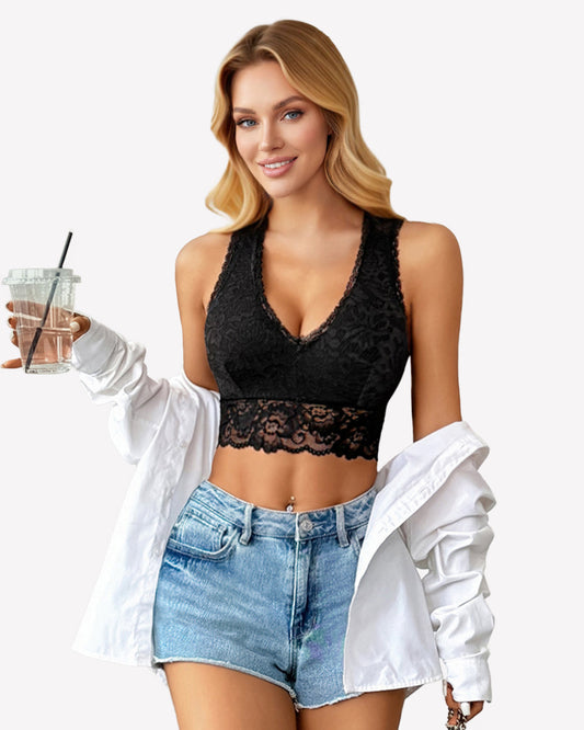 Maison Lalla | Top Corto de Tirantes Racerback, Escote en V, Floral, sin Relleno