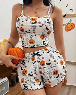 Maison Lalla | Pijama de 2 Piezas: Top Corto y Shorts con Estampado de Calabazas y Fantasmas