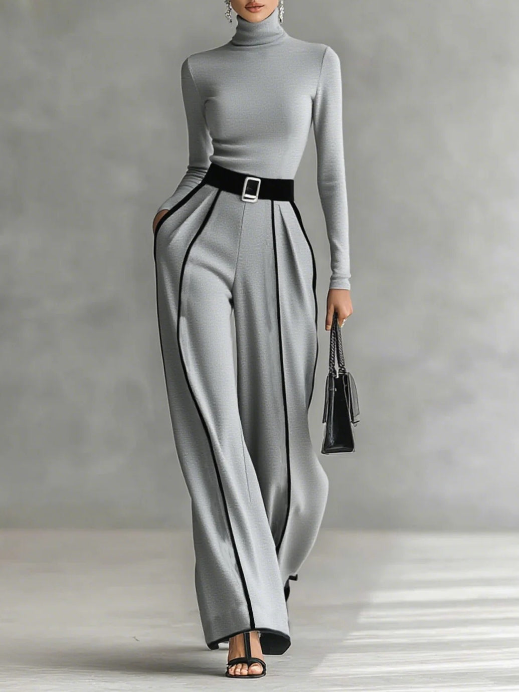 Completo grigio con top a collo alto e pantaloni ampi