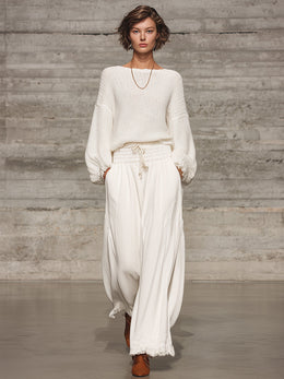 Maison Lalla | Pantalón Ancho Blanco Cintura Elástica