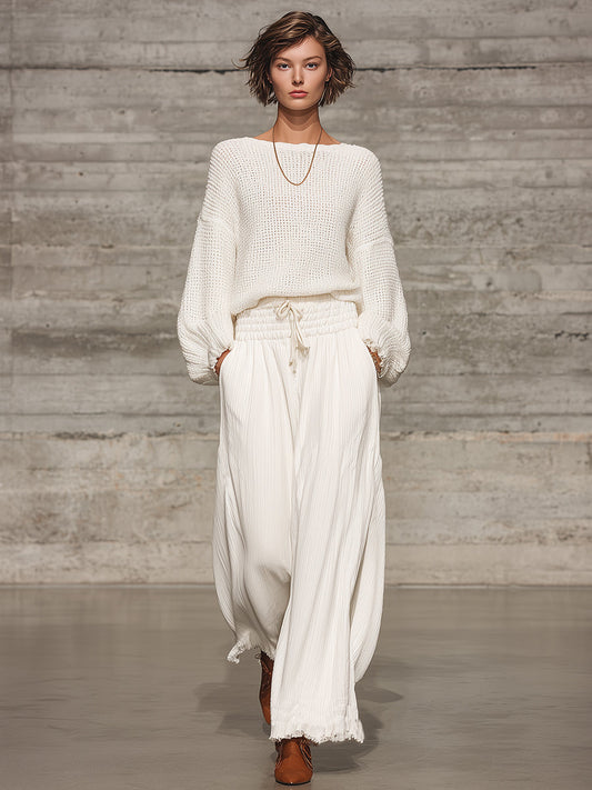 Maison Lalla | Pantalón Ancho Blanco Cintura Elástica