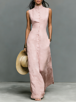 Abito maxi in lino con collo alla coreana