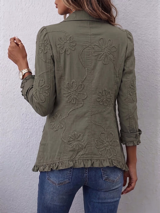 Giacca bohemien ricamata con fiori verde oliva