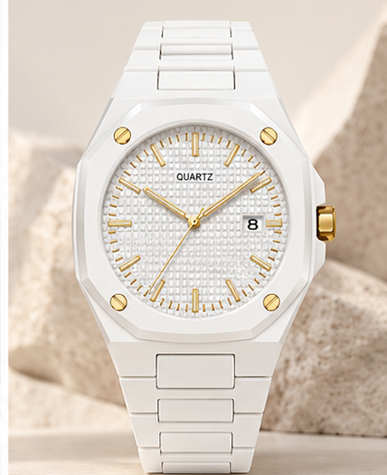 Orologio da uomo Maison Lalla bianco e oro con quadrante al quarzo